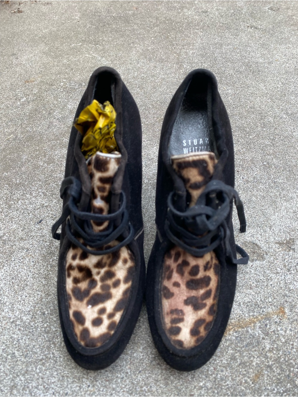 Stuart Weitzman Black Suede Lace-Up Shoes with Leopard Print Panel Sz 4M / 6M